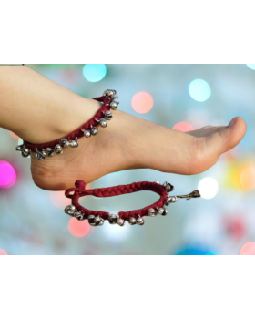 Alphabey's Tribal Style Maroon Threaded Anklets with Oxidized Ghungroo for Women and Girls